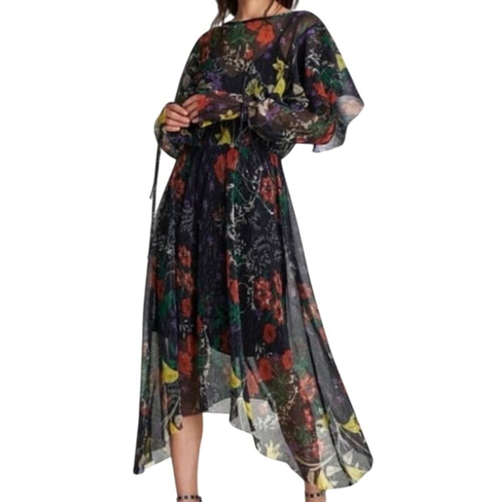 ZARA collection shiny pleated long sleeve ruffle shoulders floral dress size S - Picture 1 of 11